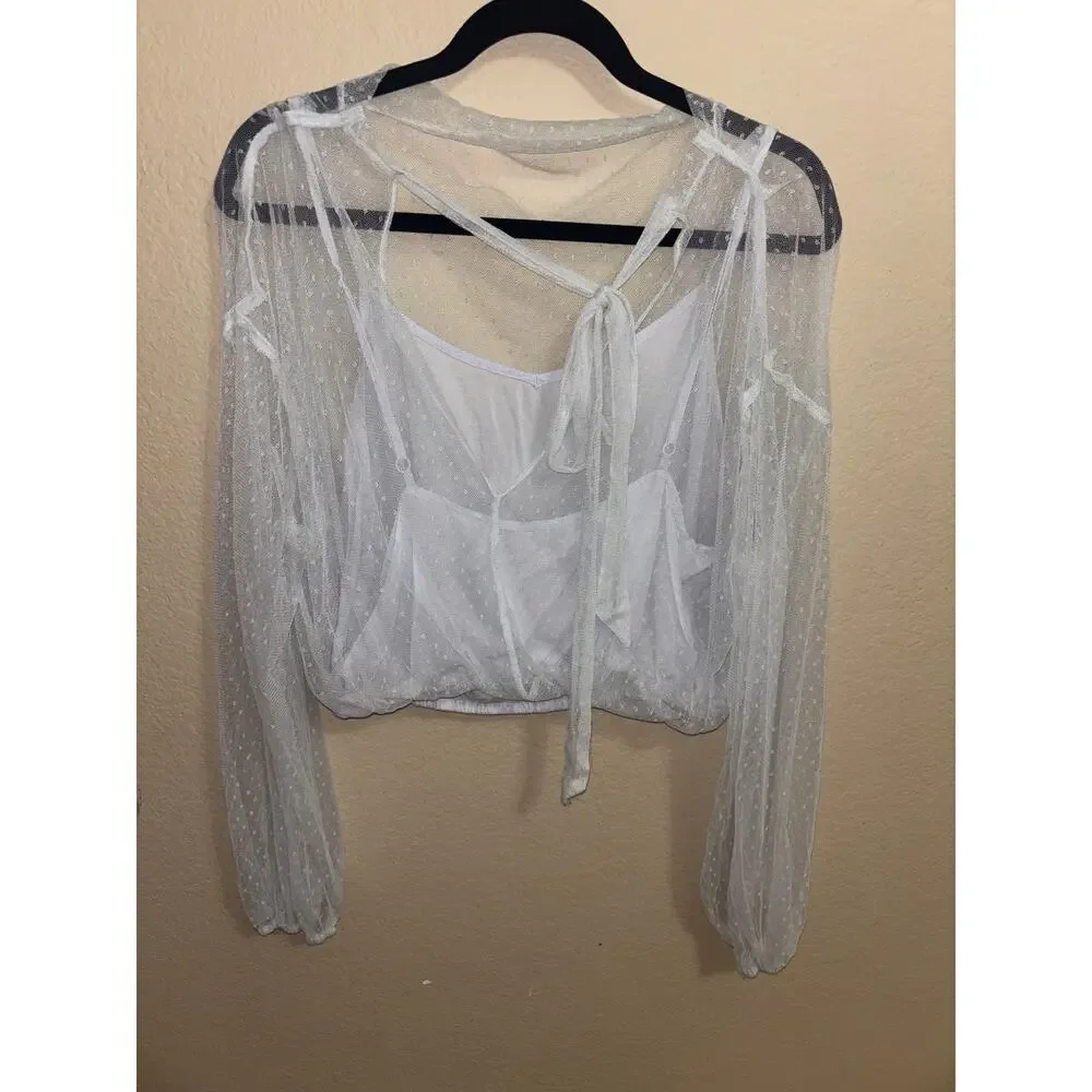 Free People White Swiss Dot Mesh Layered Crop Top Sheer Long Sleeve